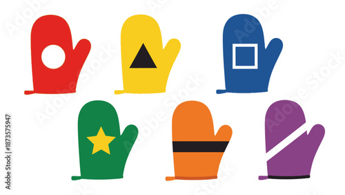 Colorful oven mitts collection with geometric shapes on white background