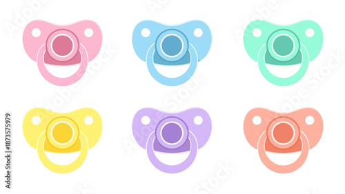 Colorful pacifiers isolated on white background for baby products designs