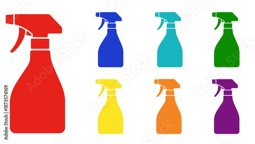 Colorful spray bottles set cleaning equipment silhouettes on white background