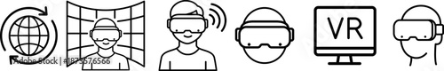 Virtual Reality Line Icons Set with VR Headset and Users Vector