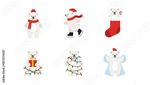 Festive polar bears celebrating holiday season with festive decorations