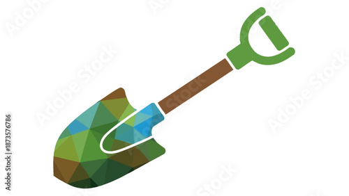 Graphic illustration of a shovel with a geometric design against a white backdrop