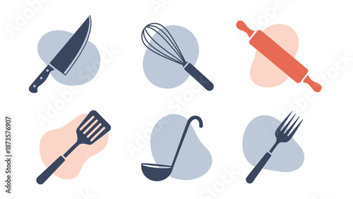 Kitchen utensil icons set knife whisk rolling pin spatula ladle fork