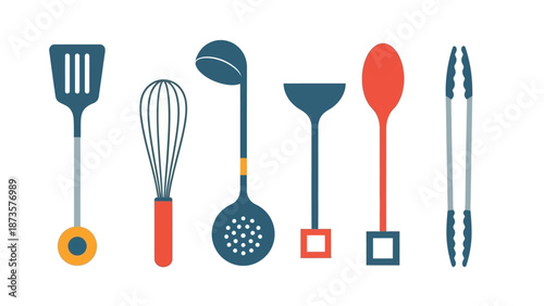 Illustrated kitchen utensils set against white background vector design