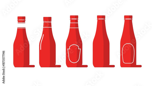 Red ketchup bottles in a row vector illustration for food related concepts