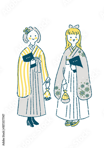 卒業証書を持って羽織袴姿で立つ二人の若い女性のイラスト