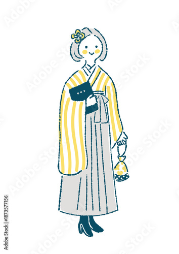 卒業証書を持って羽織袴姿で立つ若い女性のイラスト