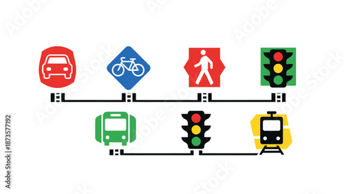 Road signs representing different modes of transport and traffic control