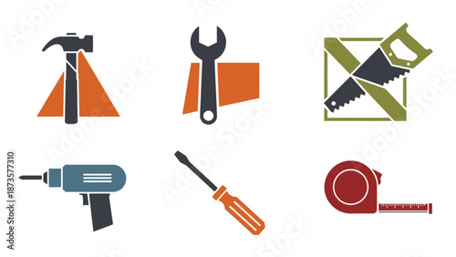 Set of repair tools hammer wrench saw drill screwdriver and tape measure