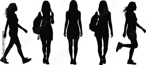 Black silhouette of young women in casual outfits and backpacks walking and standing for university student lifestyle education and fashion concepts on white background