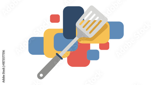 Stylized spatula illustration with colorful geometric shapes on a white background