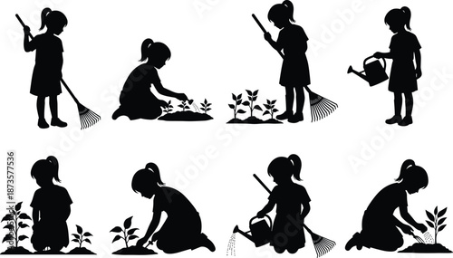 Black silhouette set of a young girl gardening including raking soil planting seeds and watering plants for childhood education and outdoor nature hobby concepts