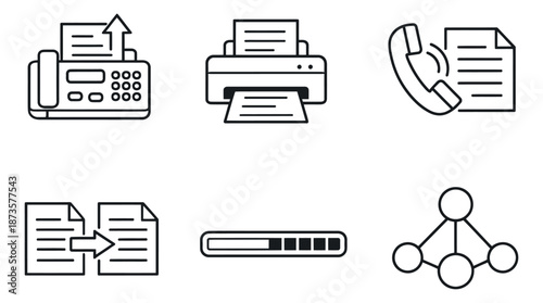 Line art communication icons set featuring office machines and digital processes for business and web design