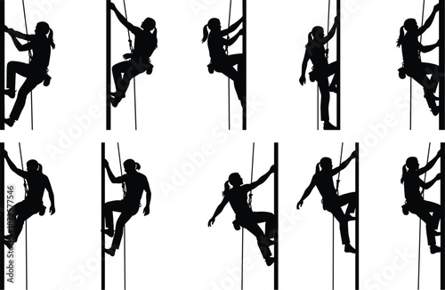 Black silhouette set of a woman rock climber using ropes and harness to scale a vertical wall for extreme sports and adventure concepts