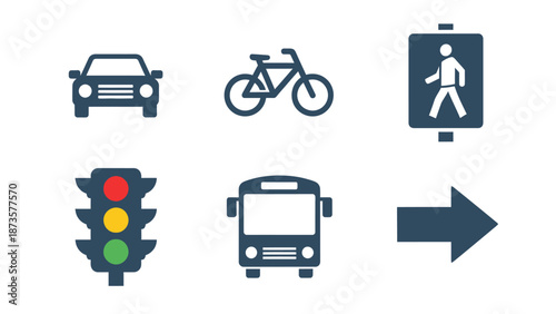 Transportation icons car bicycle pedestrian sign traffic light bus arrow