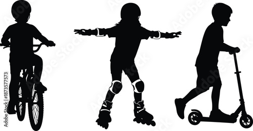 Black silhouette set of active children riding a bicycle rollerblading and using a kick scooter for outdoor summer fun sports and childhood activity concepts