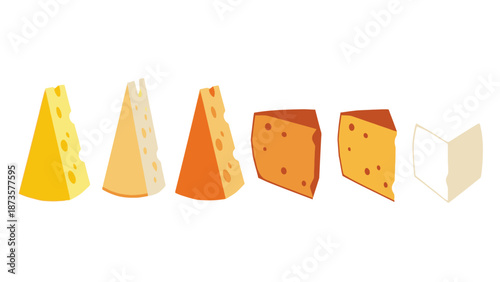 Variety of cheese wedges in a row isolated on a white background vector