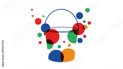 Abstract bucket design with colorful floating spheres on white background