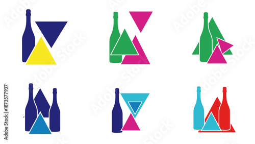 Abstract graphic design of wine bottles and geometric shapes on white