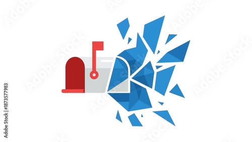 Abstract illustration of a mailbox with exploding geometric shapes on white