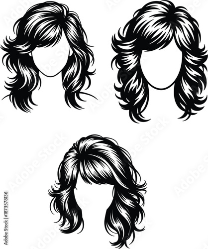 Beautiful woman hairstyle collection vector illustration featuring long wavy hair and bangs for salon logo design and fashion branding