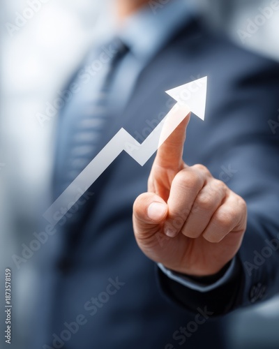 Professional business executive holding an upward arrow symbolizing growth and positive progress.
