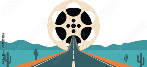 Creative concept of a long desert road leading into a giant film reel representing the cinematic journey and filmmaking
