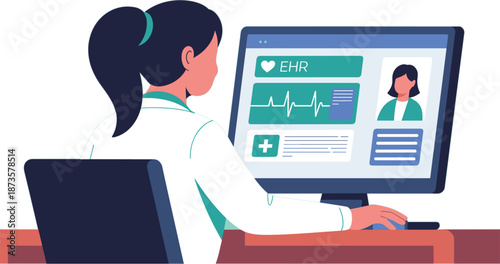 Female doctor character working on computer analyzing electronic health records EHR with patient profile and heart rate monitor data in hospital office