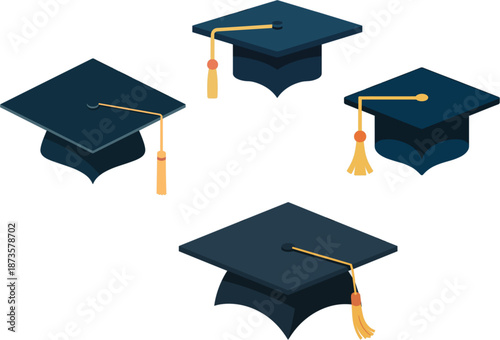 Flat vector set of four dark blue graduation caps with golden tassels isolated on white background for academic celebration