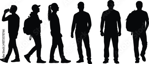 Silhouette of a diverse group of young people, students, and travelers walking, standing, and drinking coffee on white background. (20 words)