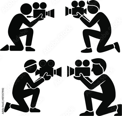 Professional cameraman and cinematographer silhouette icon set capturing video with movie cameras for media production and film industry projects