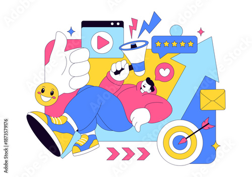 Public Relations Positive Vector Illustration Featuring Successful Brand Advertising, Reputation Management, And Digital Marketing Feedback Background