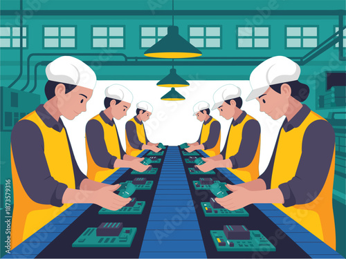 Professional factory workers in uniform working on industrial conveyor assembly line for electronics manufacturing production process and technical engineering workflow