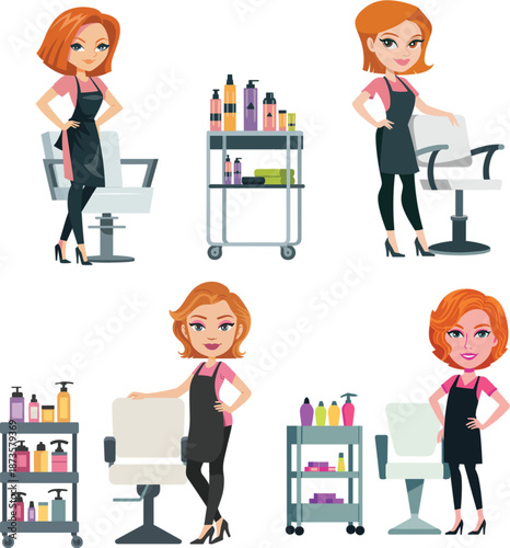 Professional female hairdresser character set with beauty salon equipment chairs and product trolleys for hair care service vector illustration