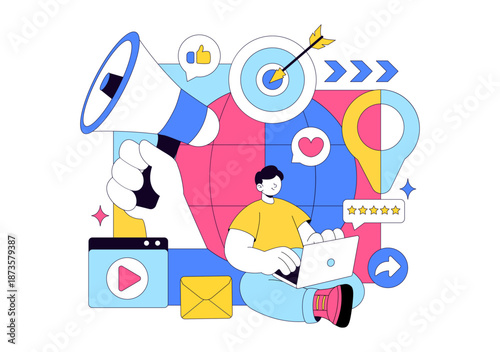 Public Relations Positive Vector Illustration Featuring Successful Brand Advertising, Reputation Management, And Digital Marketing Feedback Background