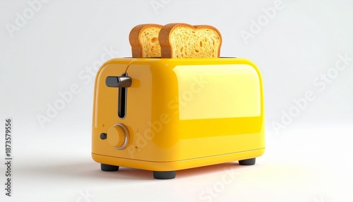 A modern yellow and black 3D electric kitchen toaster with white bread slices, isolated on white background