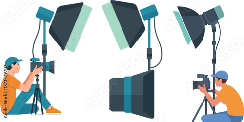 Professional Photographer Character Set Working with Studio Lighting Equipment Softboxes and Digital Cameras for Commercial Photo Shoots and Media