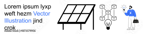 Renewable energy, sustainable innovation, energy technology, blockchain, digital transformation, green solutions. Solar panel, blockchain diagram, and light bulb with person holding innovation