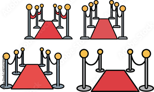 Red carpet entrance vector set with VIP event walkway and velvet rope stanchions isolated on a white background