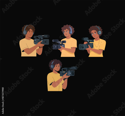 Professional Young Male Cameraman Character Set with Video Camera and Headphones for Filmmaking Digital Content Creation and Media