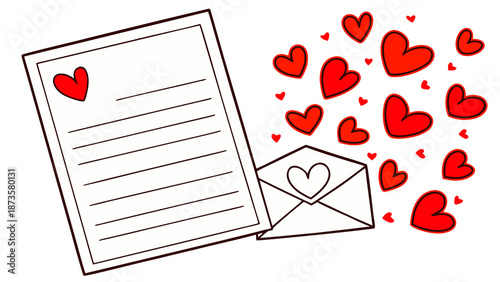 Romantic Love Letter and Envelope with Hearts Illustration with vector illustration