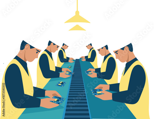Set of professional industrial workers in uniform operating on a conveyor assembly line for electronics manufacturing production and technical factory workflow