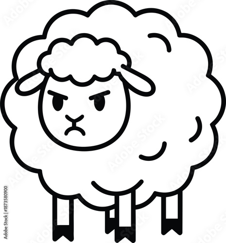 Professional black outline cartoon sheep icon featuring a grumpy expression and fluffy wool for farm animal character designs.