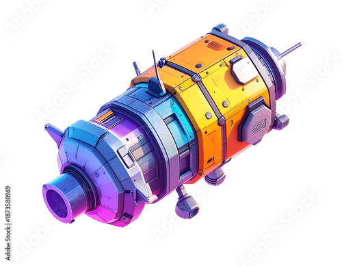 Futuristic, stylized spacecraft module with vibrant color scheme and details