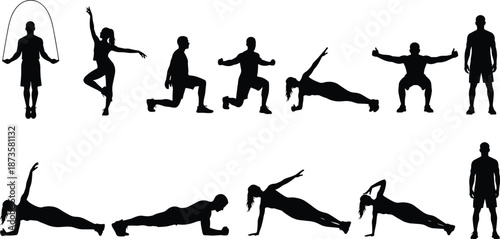 Silhouette of People Performing Fitness Exercises Workout Routine Gym Positions and Sports Training Activities Isolated on White Background for Healthy Lifestyle