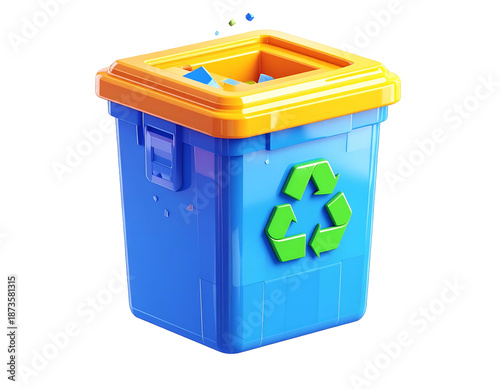 3D-rendered blue and yellow recycling bin with green symbol