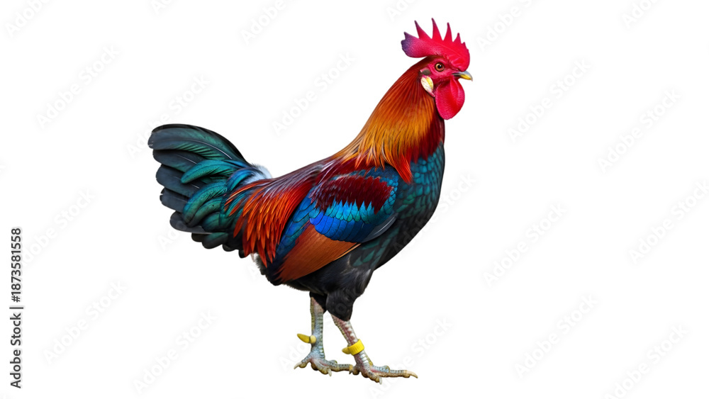 Fototapeta premium Colorful rooster standing on black isolated on a transparent background bird animal