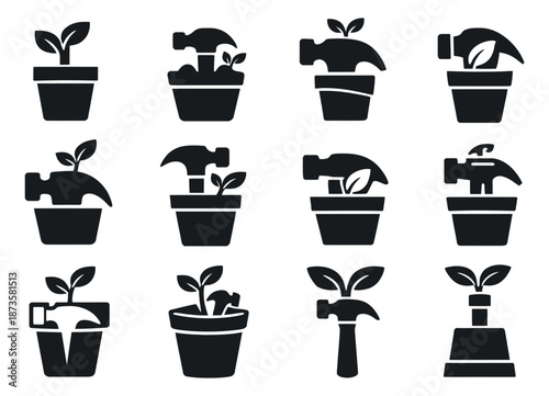 Wallpaper Mural Solid icon set featuring hammers and sprouts in pots for representing construction and growth Torontodigital.ca