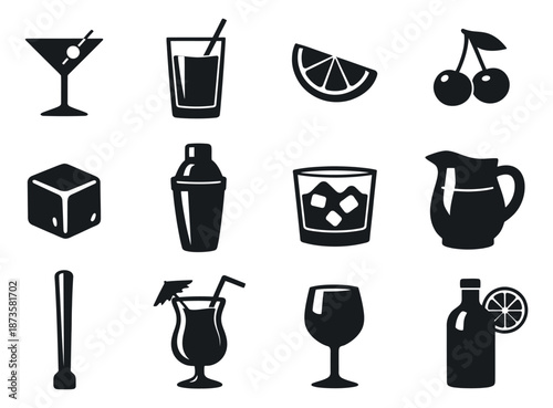 Modern graphic cocktail elements set featuring various drinks, garnishes, and bar tools for mixology and beverage design