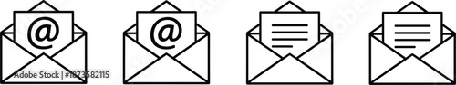Professional black outline email icon set featuring open envelopes with at symbols and document inserts for digital communication.